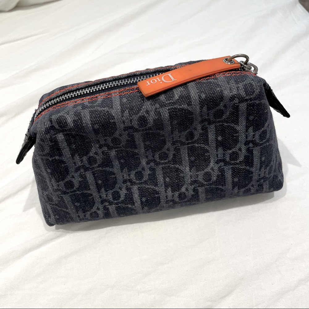 Vintage Authentic Dior Blue Dior Oblique Flight Denim Pouch Grey Navy blue